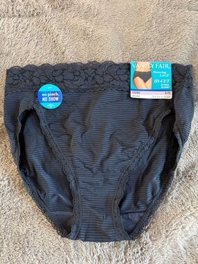 2 pr. Vanity Fair Black Lace Hi-Cut Briefs with Subtle Stripes